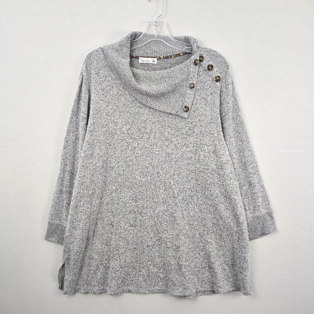 89th &‎ Madison Cowl Neck Long Sleeve Button Accent Women Sweater Gray 2X